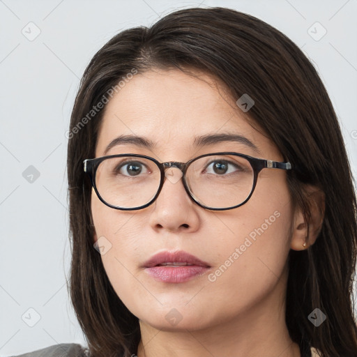 Neutral white young-adult female with medium  brown hair and brown eyes