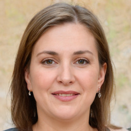 Joyful white adult female with medium  brown hair and grey eyes