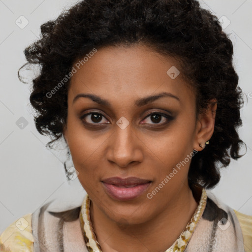 Joyful black young-adult female with long  brown hair and brown eyes