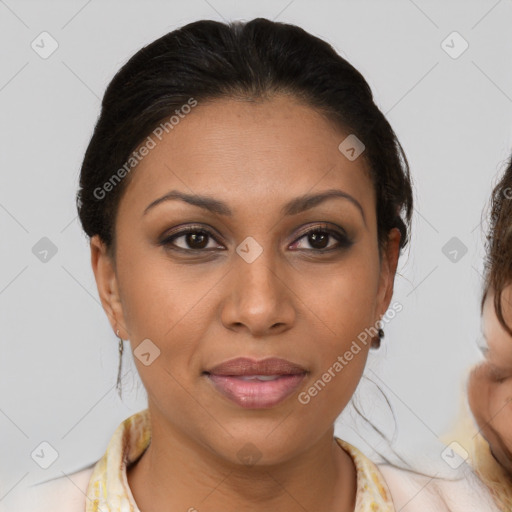 Joyful latino young-adult female with medium  brown hair and brown eyes