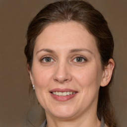 Joyful white adult female with medium  brown hair and grey eyes