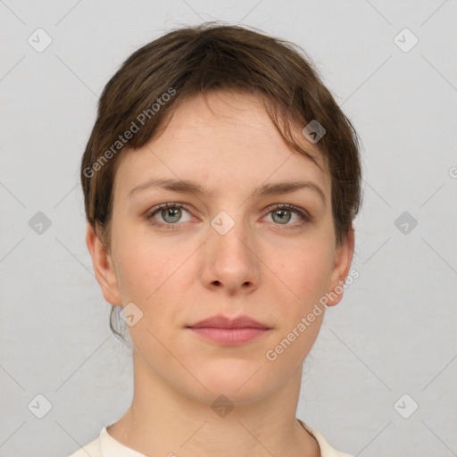 Neutral white young-adult female with short  brown hair and brown eyes