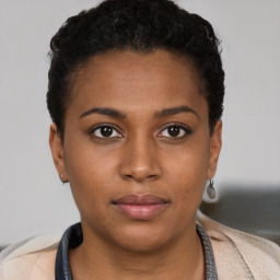 Neutral black young-adult female with short  brown hair and brown eyes