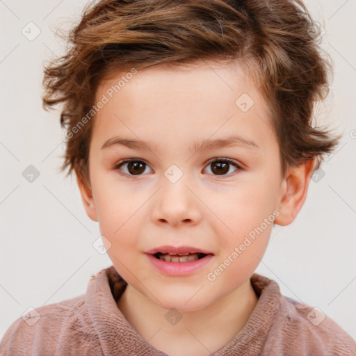 Joyful white child female with short  brown hair and brown eyes