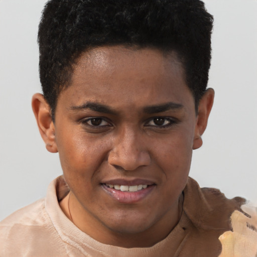 Joyful black young-adult male with short  brown hair and brown eyes