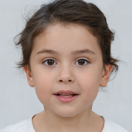 Joyful white child female with medium  brown hair and brown eyes