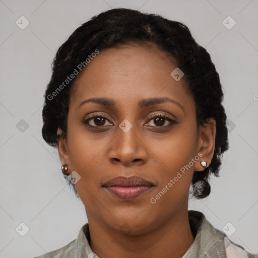 Joyful latino young-adult female with short  black hair and brown eyes