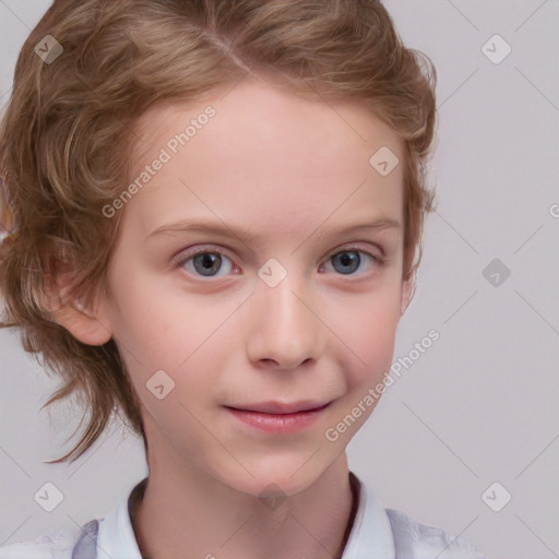 Joyful white child female with medium  brown hair and blue eyes