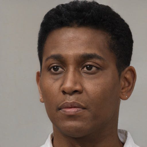 Neutral black young-adult male with short  black hair and brown eyes
