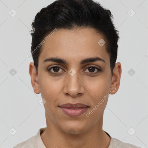 Joyful latino young-adult female with short  brown hair and brown eyes