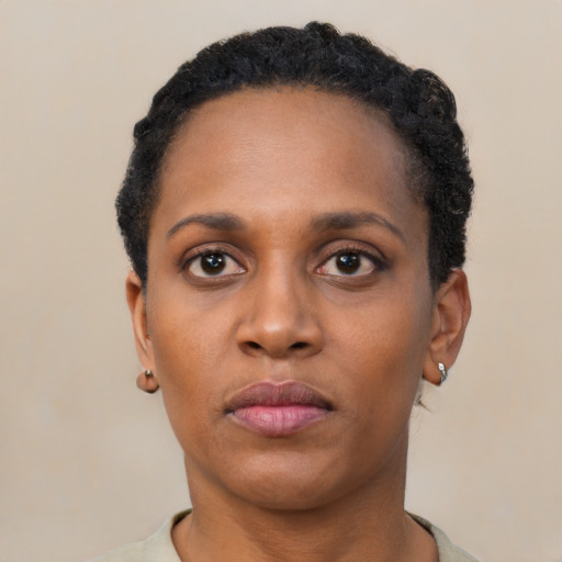 Neutral black young-adult female with short  black hair and brown eyes