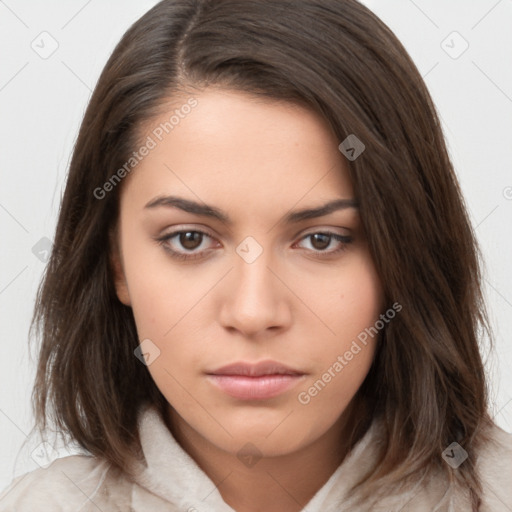 Neutral white young-adult female with medium  brown hair and brown eyes