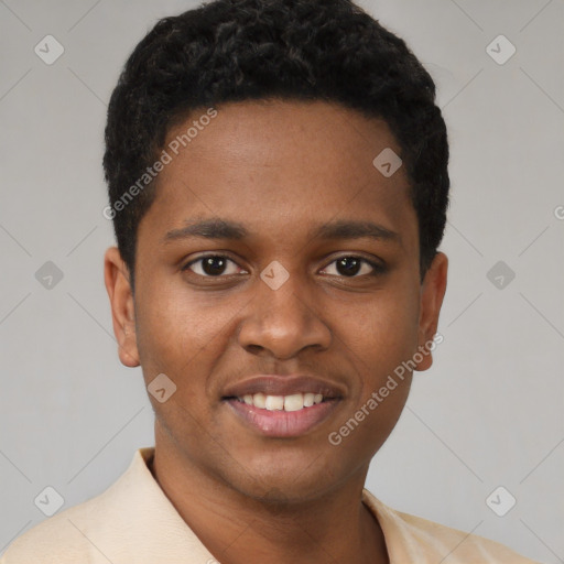 Joyful latino young-adult male with short  brown hair and brown eyes