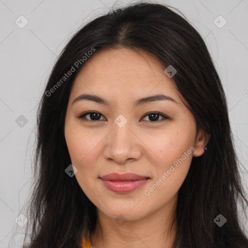 Joyful asian young-adult female with long  brown hair and brown eyes