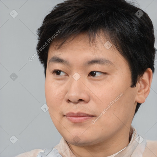 Joyful asian young-adult male with short  brown hair and brown eyes