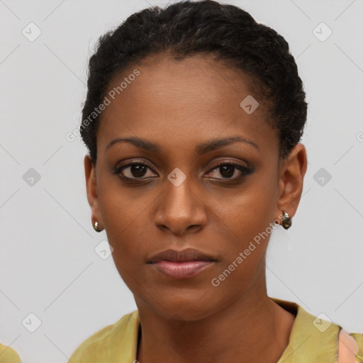 Neutral black young-adult female with short  black hair and brown eyes