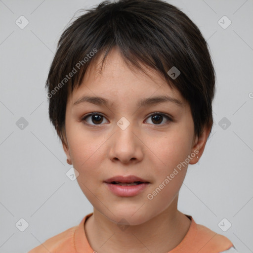 Neutral white young-adult female with short  brown hair and brown eyes