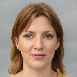 Joyful white adult female with medium  brown hair and grey eyes