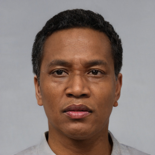 Neutral latino adult male with short  black hair and brown eyes