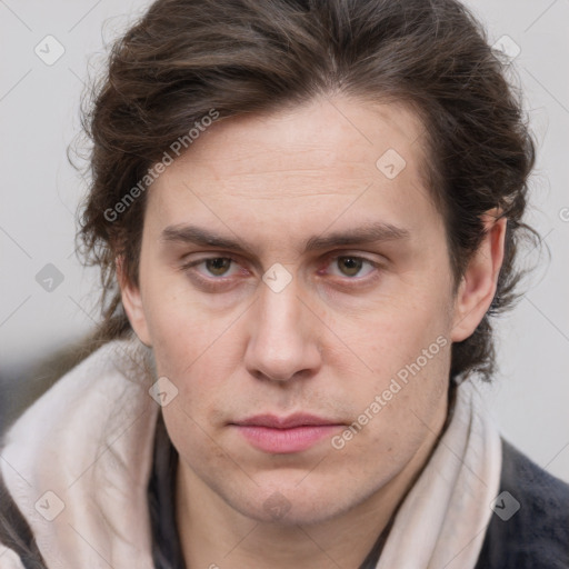 Neutral white young-adult male with medium  brown hair and grey eyes