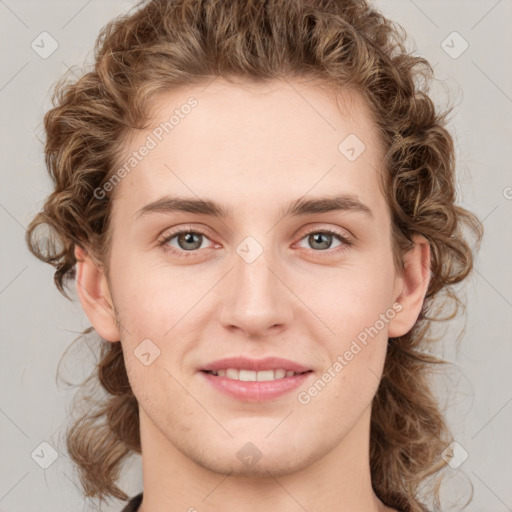 Joyful white young-adult female with medium  brown hair and blue eyes