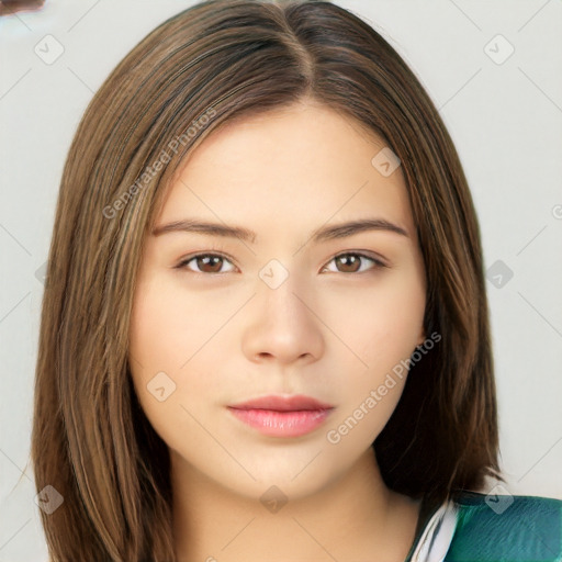 Neutral white young-adult female with long  brown hair and brown eyes