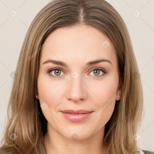 Joyful white young-adult female with medium  brown hair and green eyes