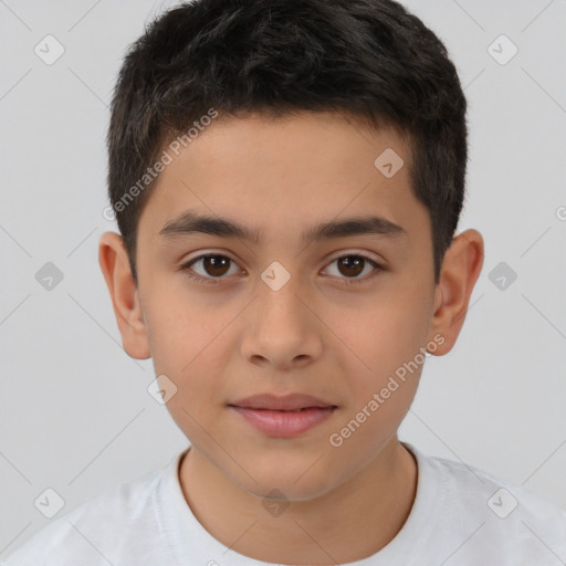 Joyful white child male with short  brown hair and brown eyes