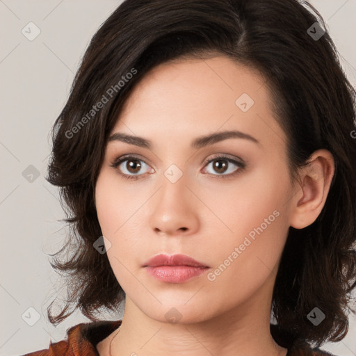 Neutral white young-adult female with long  brown hair and brown eyes