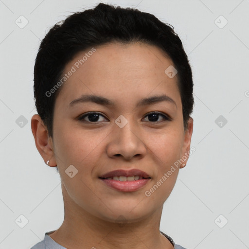 Joyful asian young-adult female with short  brown hair and brown eyes