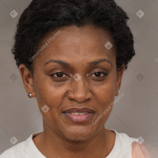 Joyful black adult female with short  brown hair and brown eyes