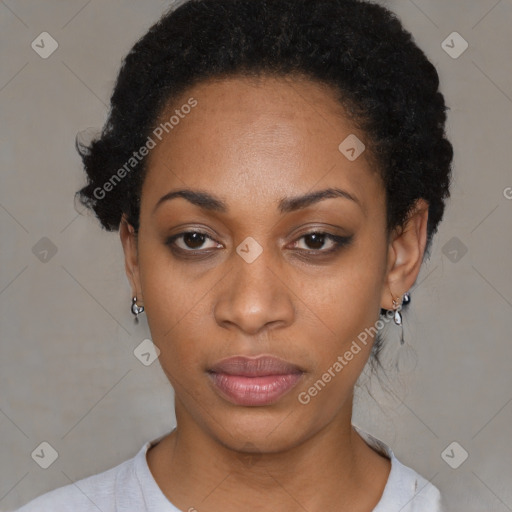 Neutral black young-adult female with short  black hair and brown eyes