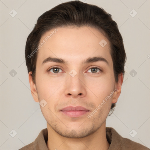 Neutral white young-adult male with short  brown hair and brown eyes