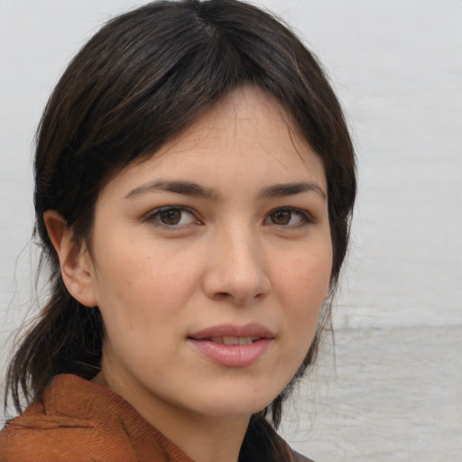 Neutral white young-adult female with medium  brown hair and brown eyes