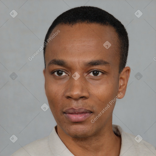Neutral black young-adult male with short  black hair and brown eyes