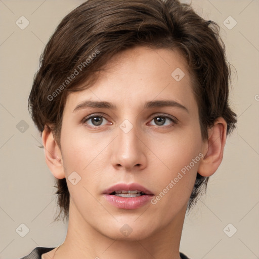 Neutral white young-adult female with medium  brown hair and brown eyes