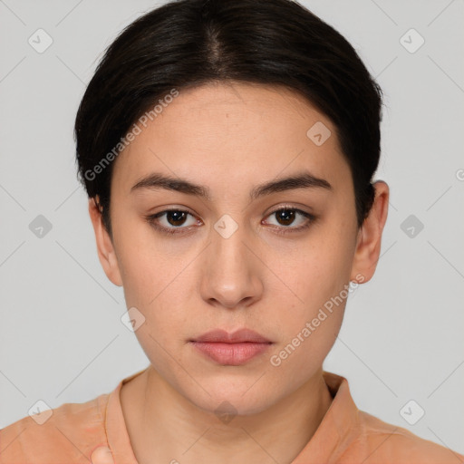 Neutral white young-adult female with short  brown hair and brown eyes