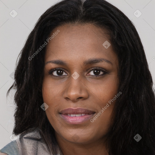 Joyful asian young-adult female with long  black hair and brown eyes