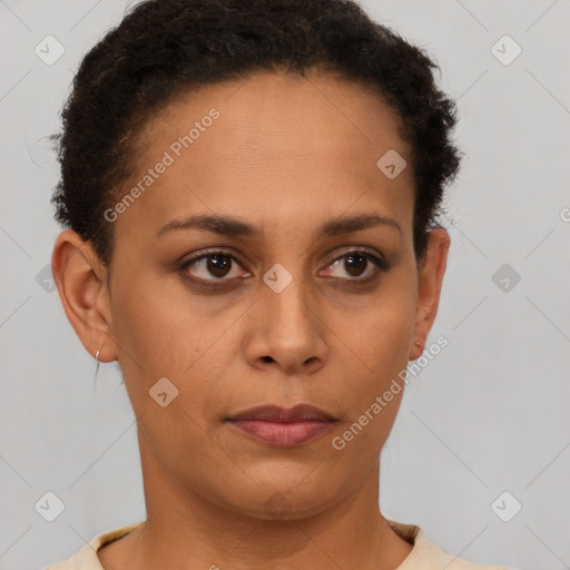 Neutral black young-adult female with short  brown hair and brown eyes