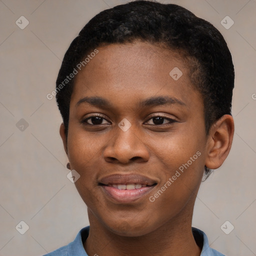 Joyful black young-adult female with short  black hair and brown eyes