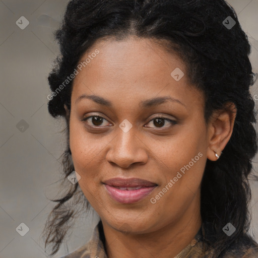 Joyful black young-adult female with long  brown hair and brown eyes