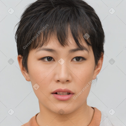 Neutral asian young-adult female with short  brown hair and brown eyes