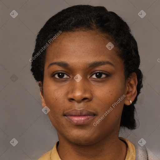 Neutral black young-adult female with short  black hair and brown eyes