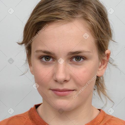 Joyful white young-adult female with medium  brown hair and blue eyes