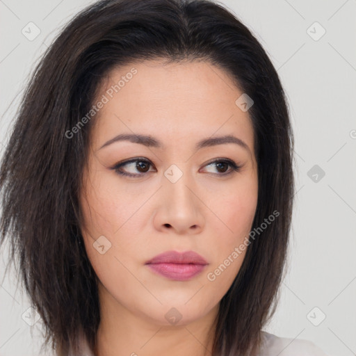 Neutral asian young-adult female with medium  brown hair and brown eyes