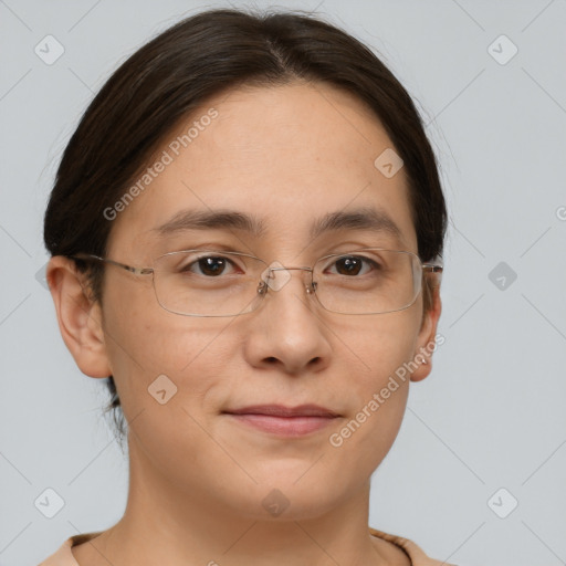 Joyful white adult female with short  brown hair and brown eyes