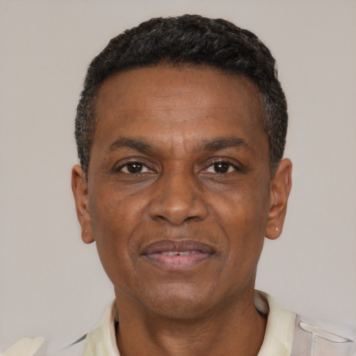 Joyful black adult male with short  black hair and brown eyes