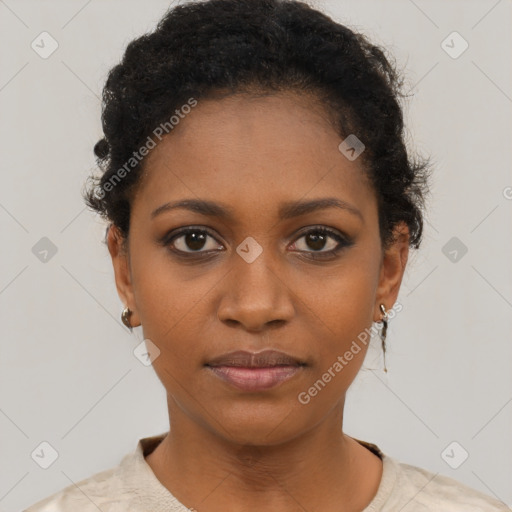 Neutral black young-adult female with short  black hair and brown eyes