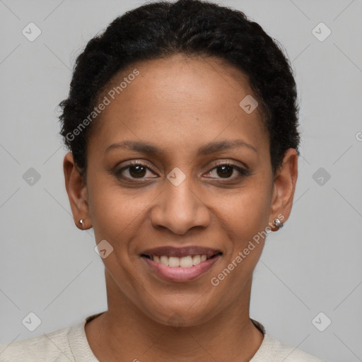 Joyful latino young-adult female with short  black hair and brown eyes