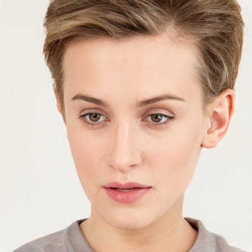 Neutral white young-adult female with short  brown hair and brown eyes